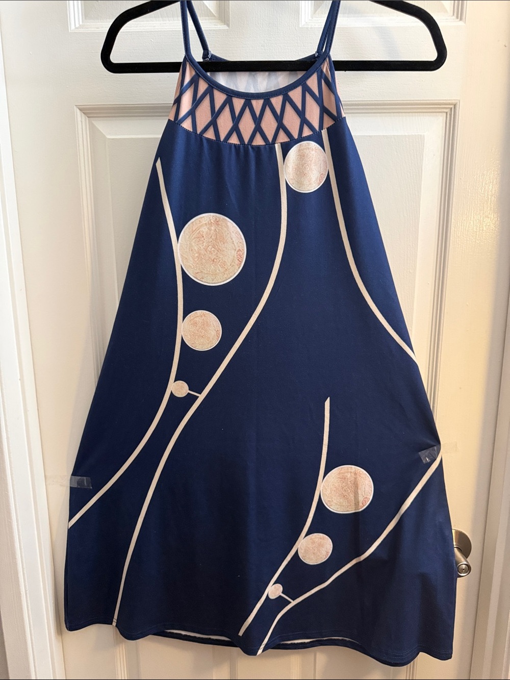 Navy A-Line Sundress with Geometric Cutout and Metallic Dot Print